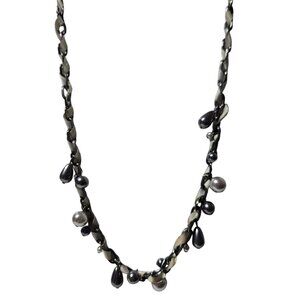 Vintage RMN Ribbon Chain Faux Pearl Charms Necklace Elegant Fashion Jewelry